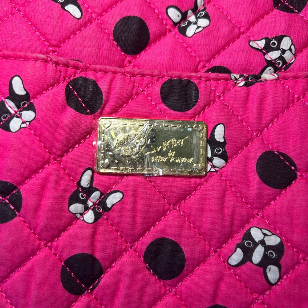 Betsey Johnson Pink French Bulldog Polka Dot Quilted Duffel Bag Weekend Travel - Picture 2 of 14